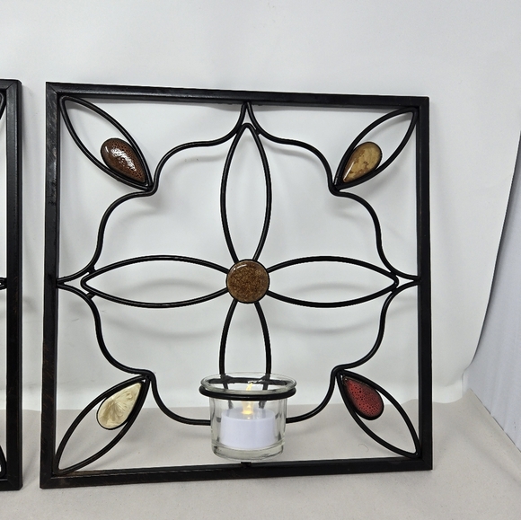 Elements Set Of 2 Wall Decor Candle Holders Black Metal Flower Design & Stones - Picture 4 of 14